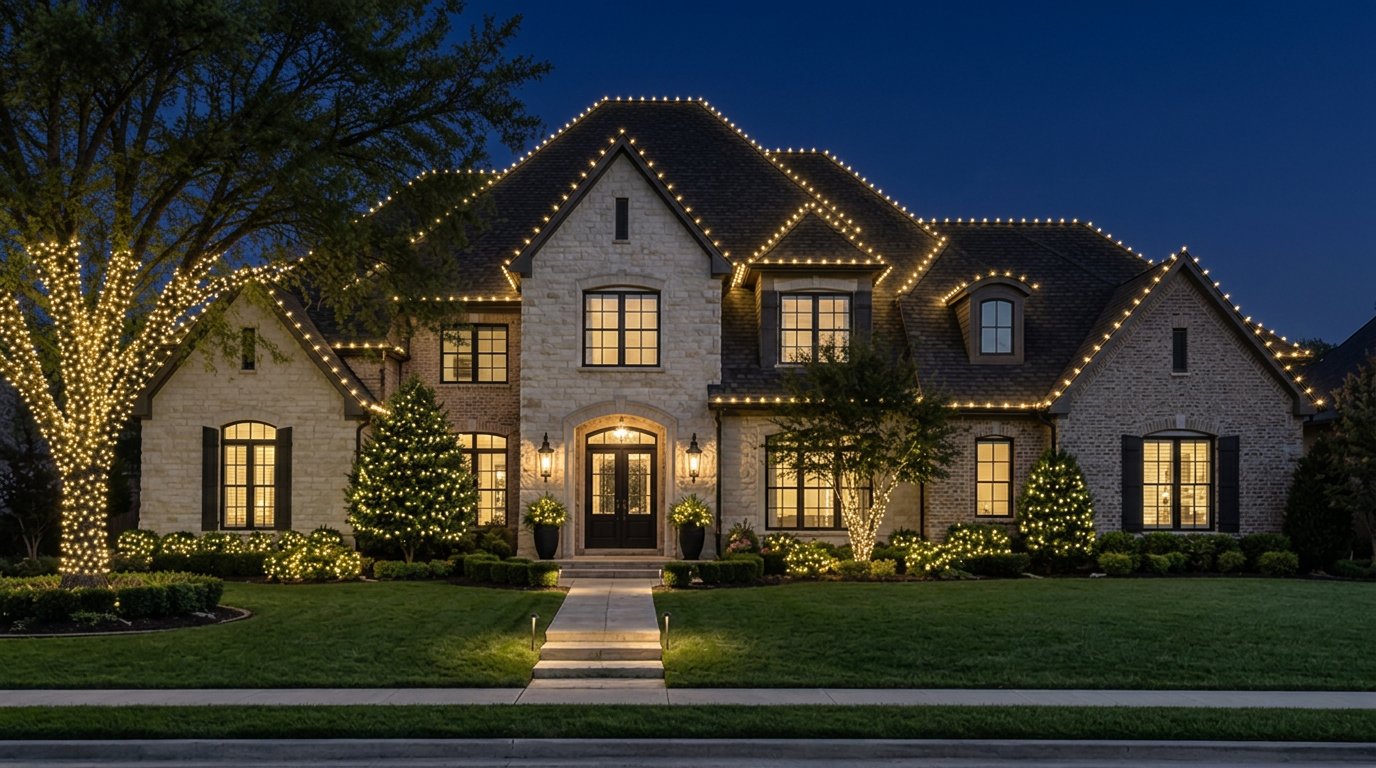 Same home at night with warm white Christmas lights